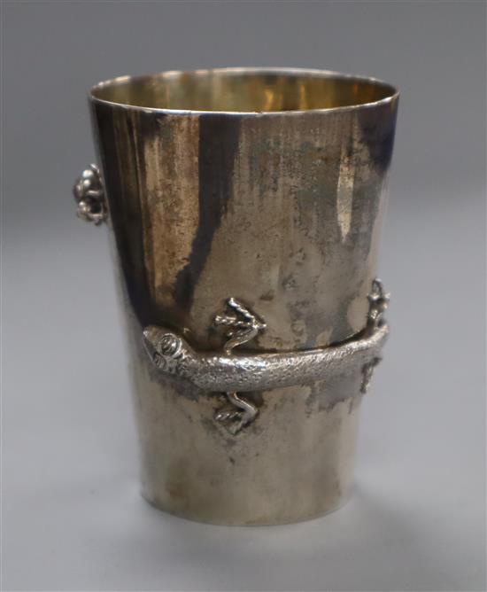 A Chinese white metal lizard and beetle beaker, 70mm.